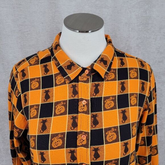 Collections Ect Pumpkin and Cat Plaid Button-Down Collared Shirt Halloween - Picture 7 of 15